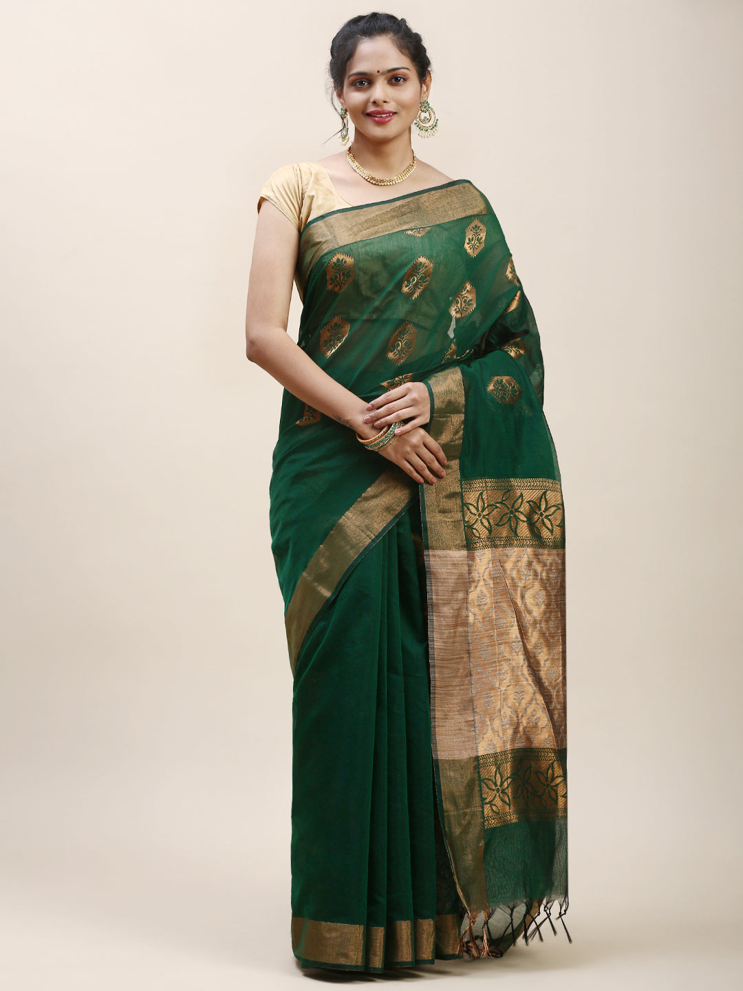 Women Semi Cotton Saree Green SC30