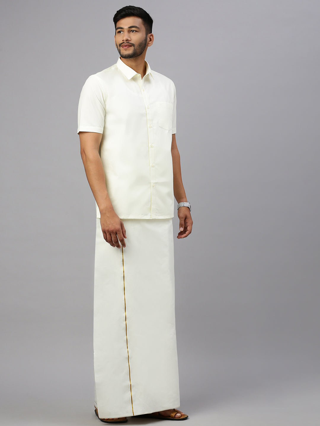 Men 100% Cotton Single Layer Cream Dhoti with Gold Jari Border Smart Nice