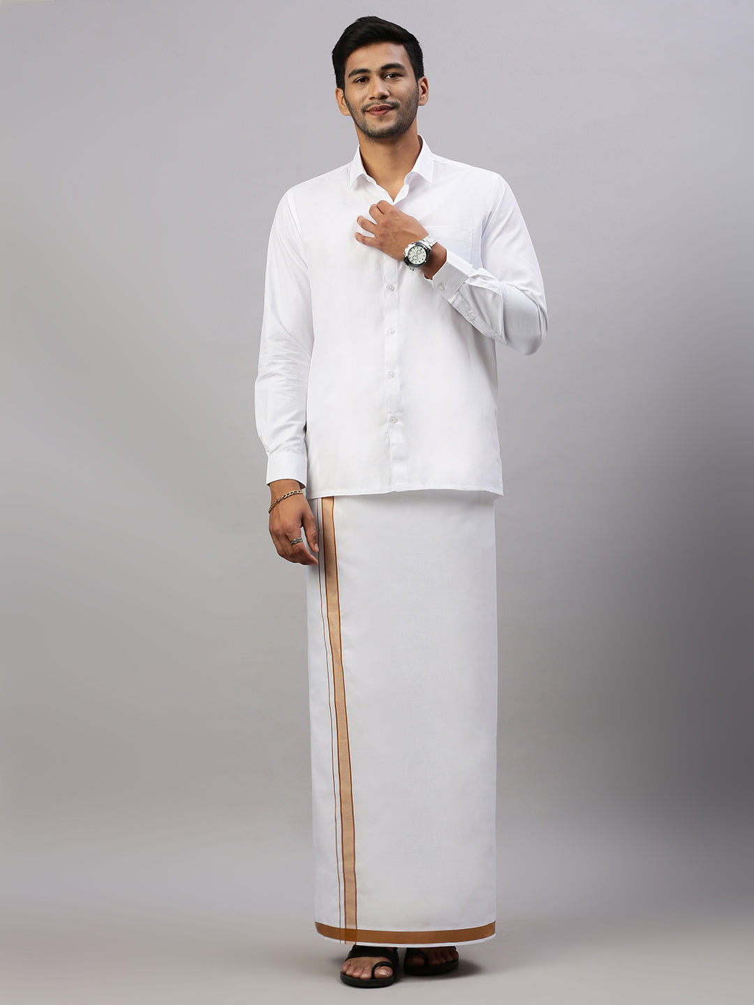 Mens White Shirt with Brown Fancy Border Dhoti Combo WP08