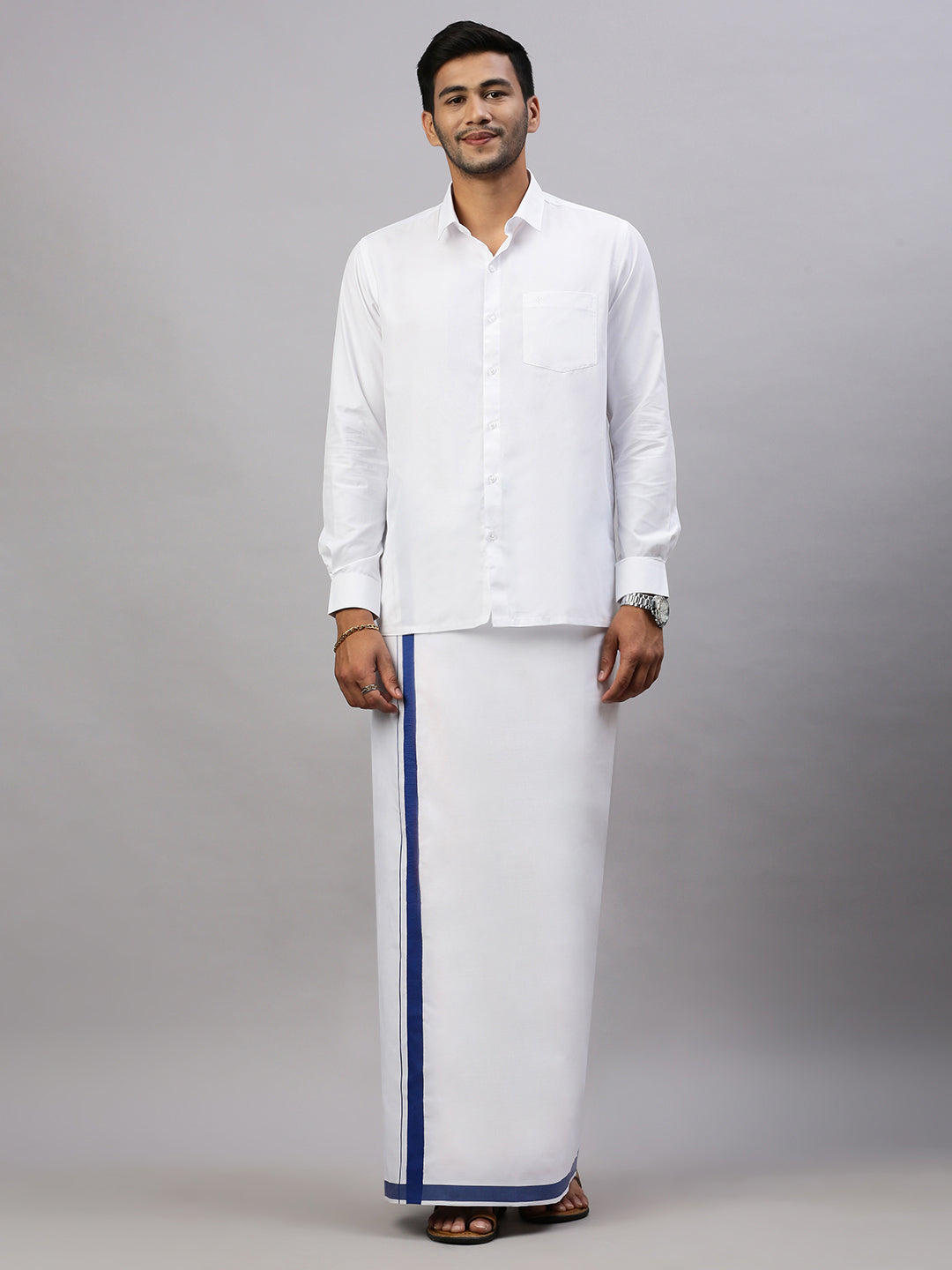 Mens Elegant Look Cotton Single Dhoti with Air Force Blue Fancy Border