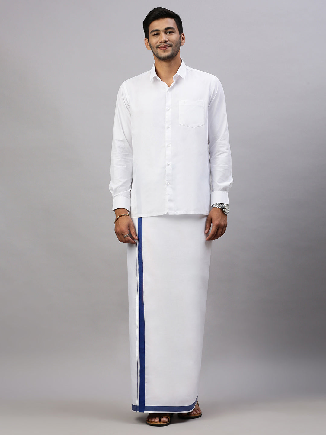 Mens White Shirt with Single Dhoti Blue Combo WS15