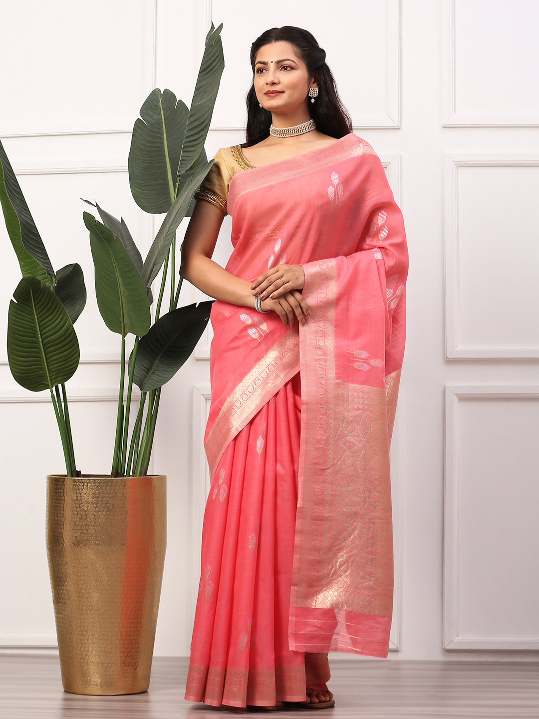 Women Semi Linen Weaving Saree Pink SL139