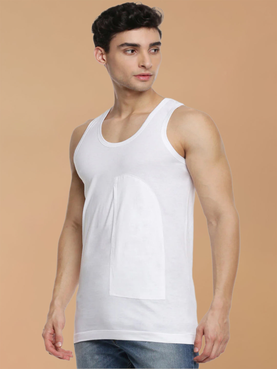 100% Combed Cotton White Pocket Vest RN Sukra (Pack of 2)