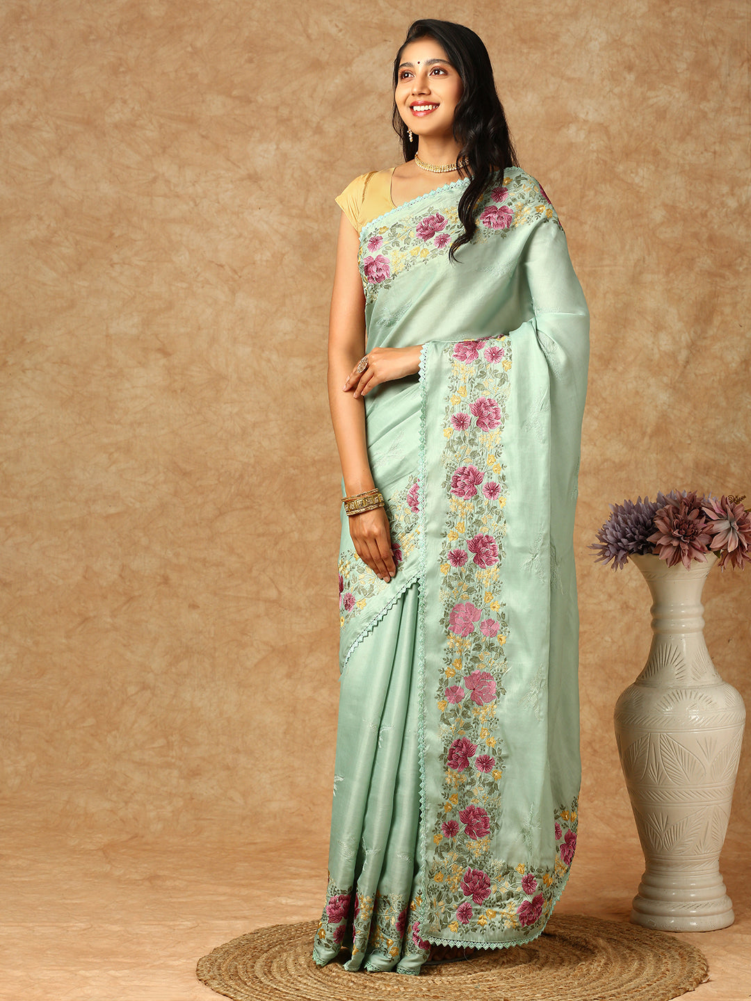 Women Semi Silk Saree Green SS310