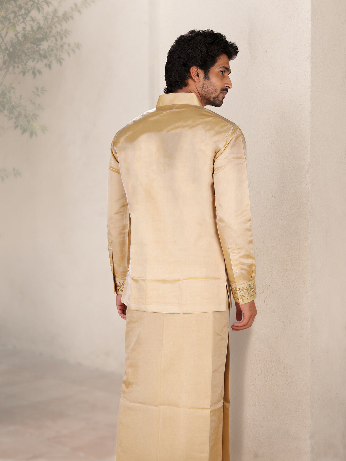 LAGNAA Premium Pure Tussar Silk Hand Embroidered Regal Leaf Chest Motif Designer Shirt & Dhoti Set | Mahavara