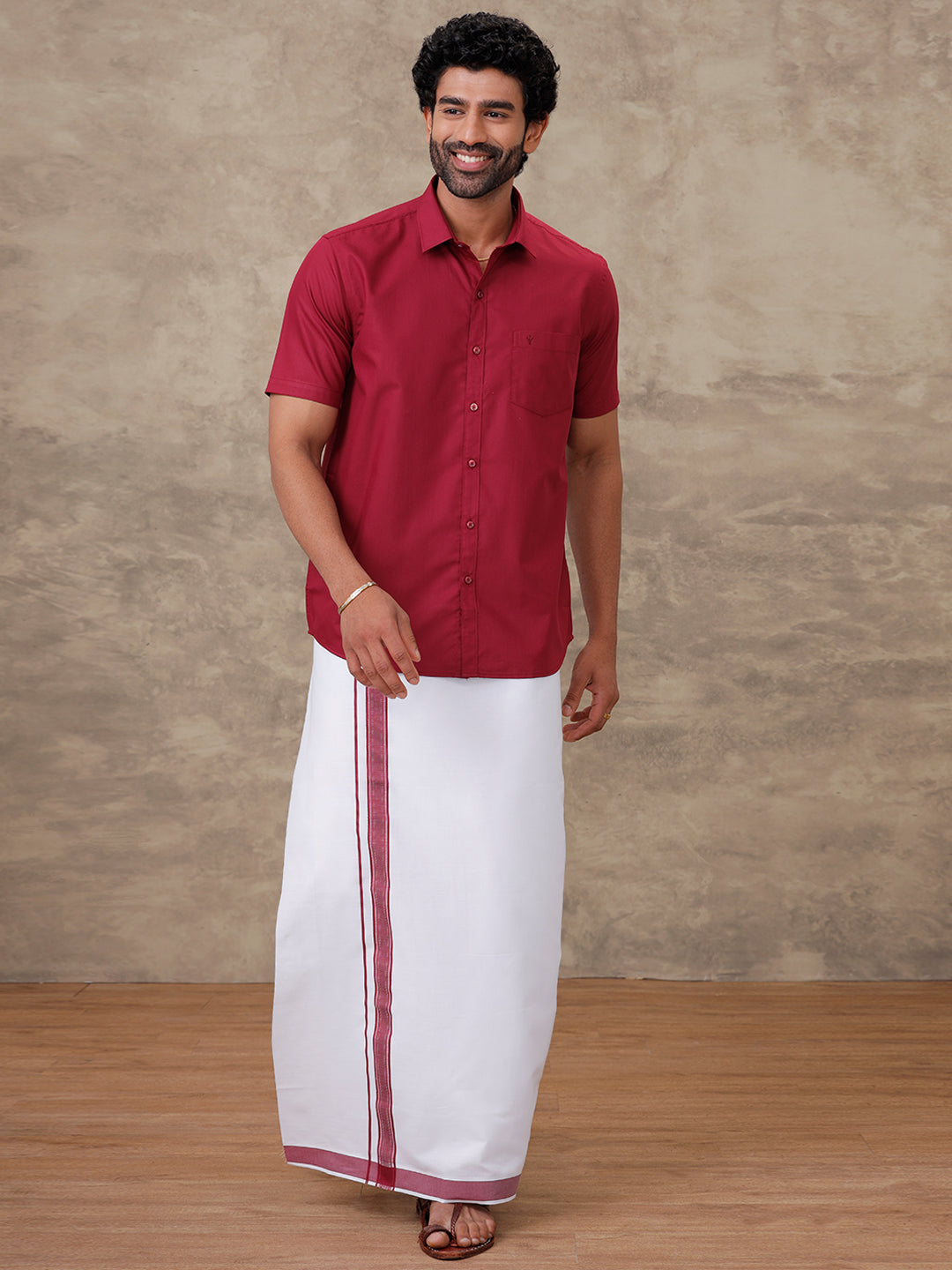 Men Dark Burgundy Shirt With Matching Border Dhoti Set Trendy