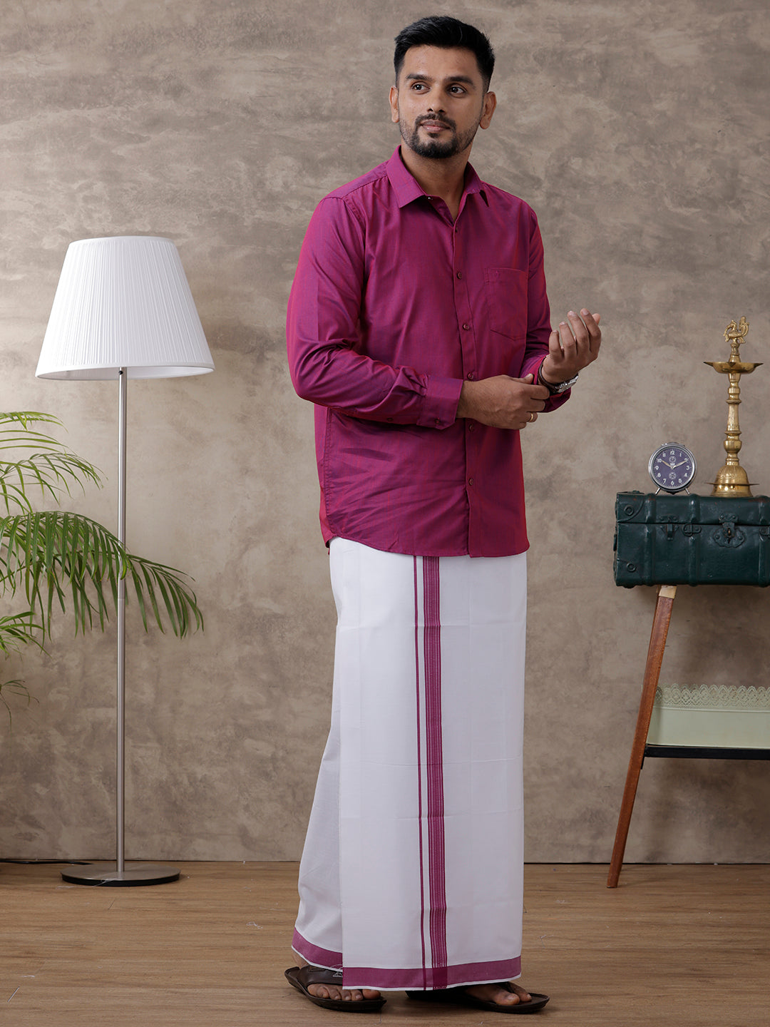 Men Magenta Matching Border Dhoti & Full Sleeves Shirt Set Evolution IC3