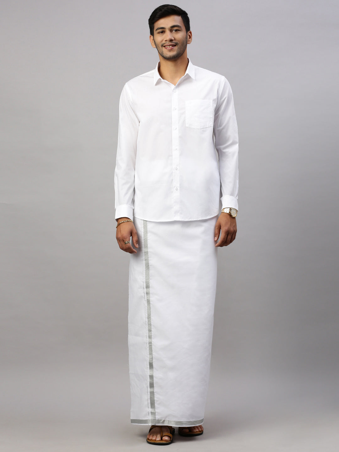 Men White with Silver Jari Border Readymade Single Layer Dhoti Elegent 246