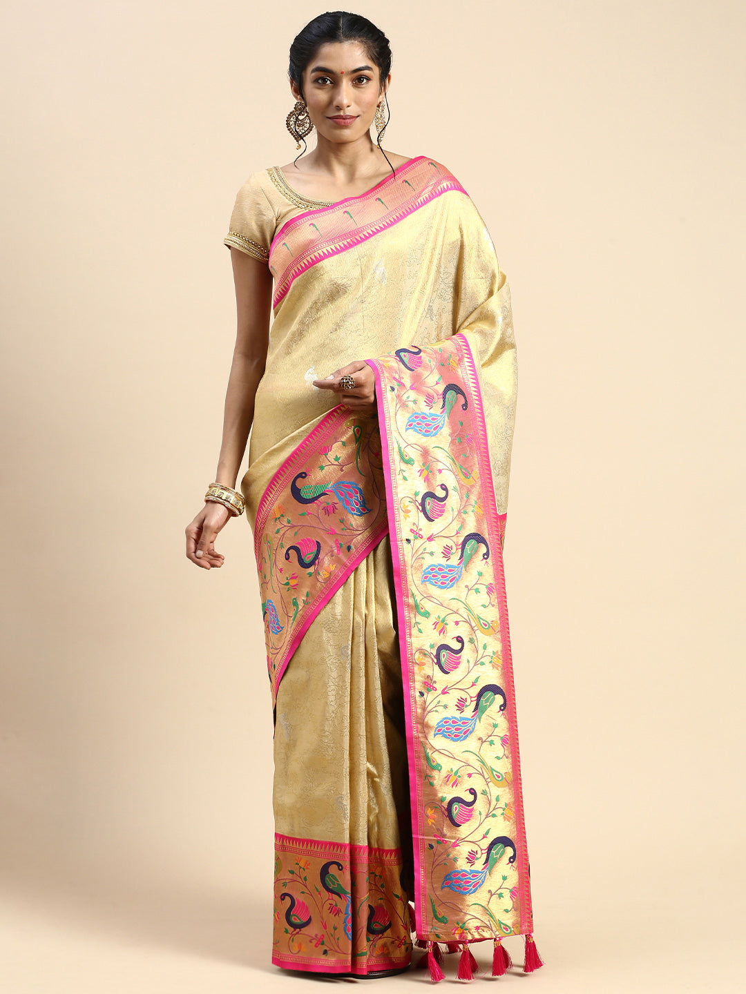 Womens Semi Silk All Over Designed Sandal & Pink Saree ASP08