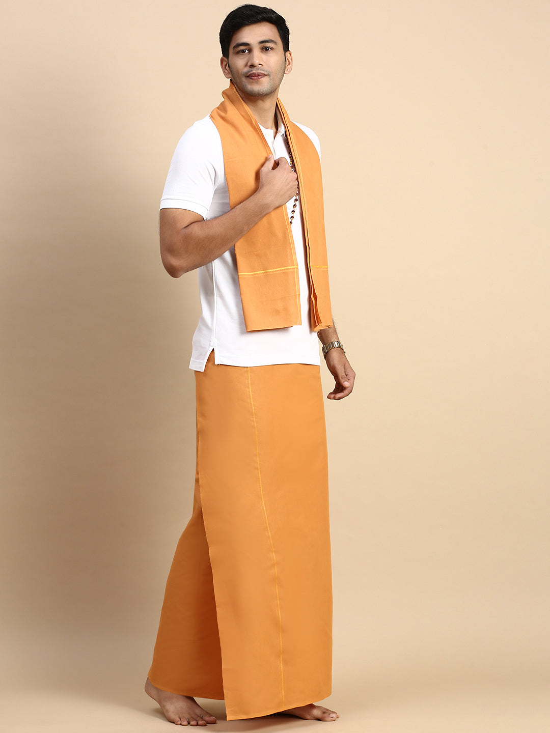 Men Devotional Small Border Dhoti with Towel & TShirt Set Kaavi EP1