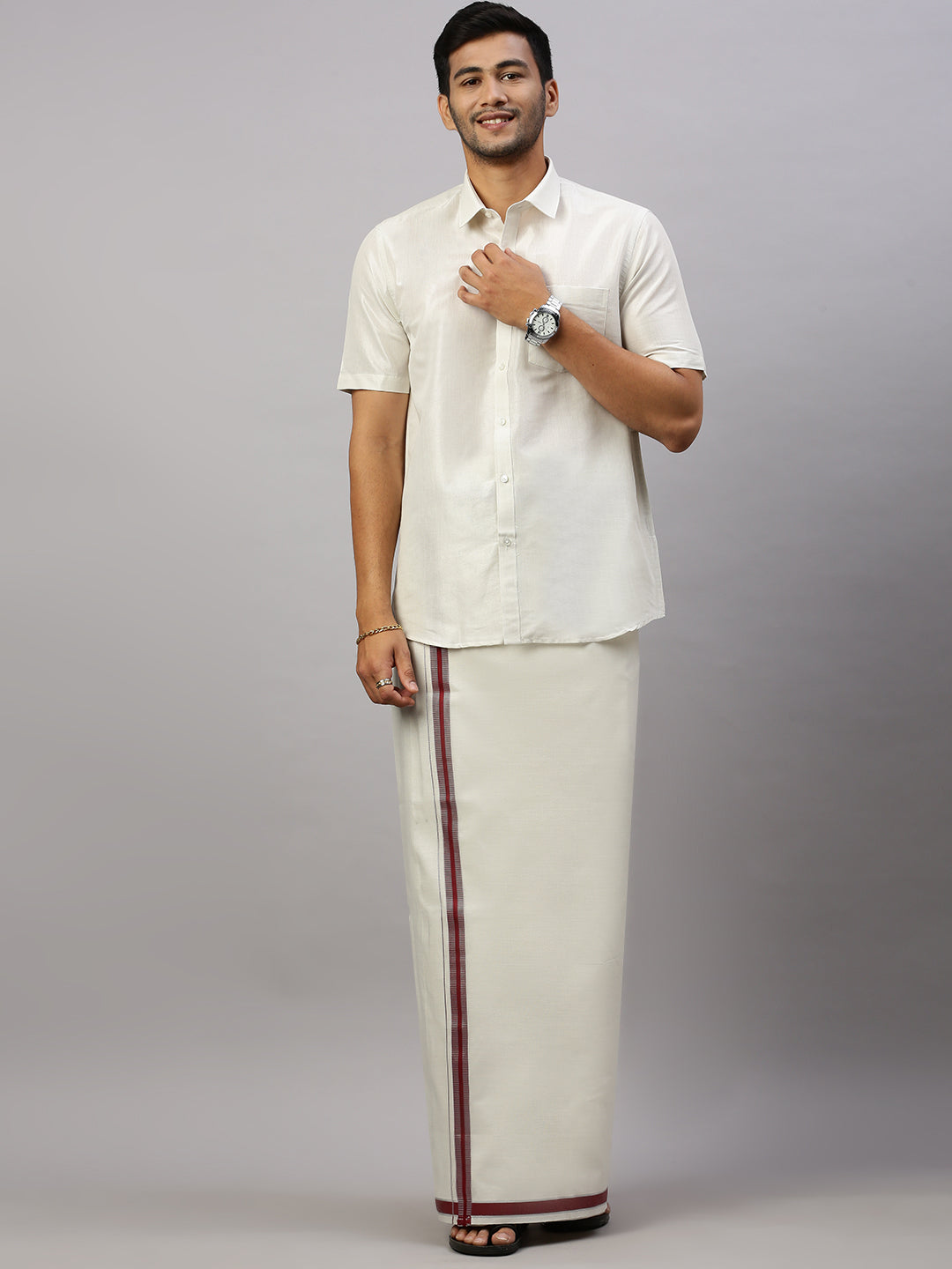 Mens Tissue Maroon Fancy Border Silver Single Dhoti - Extreme Silver