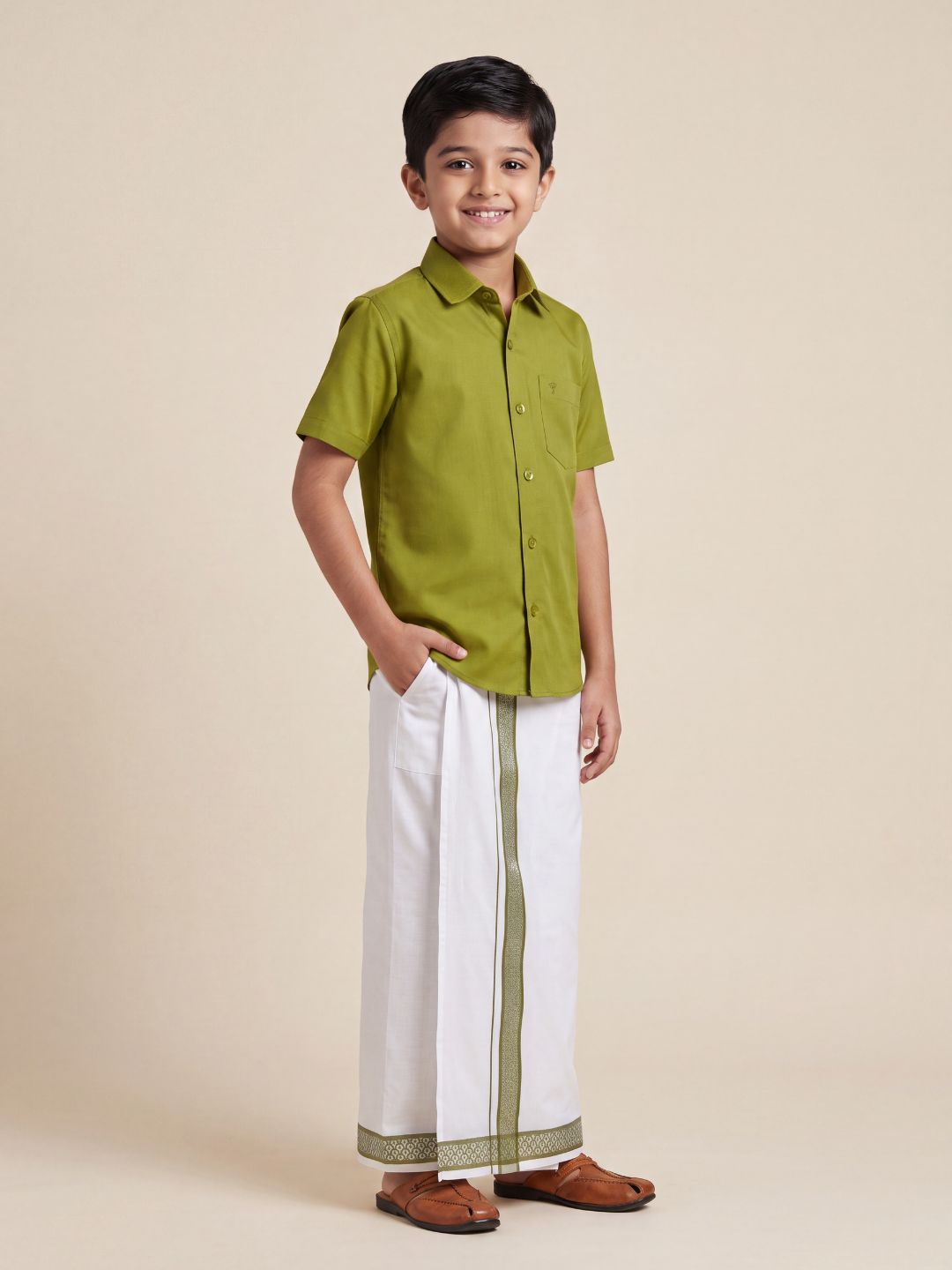 Boys 100% Cotton Pesto Green Shirt and Fancy Border Dhoti Set BT9