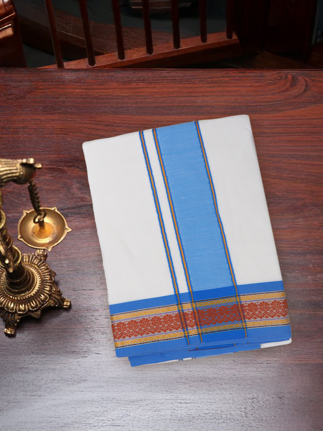 Men Cotton Blue Fancy Border Panchakacham with Angavasthram Keerthisena (9+5) KS02