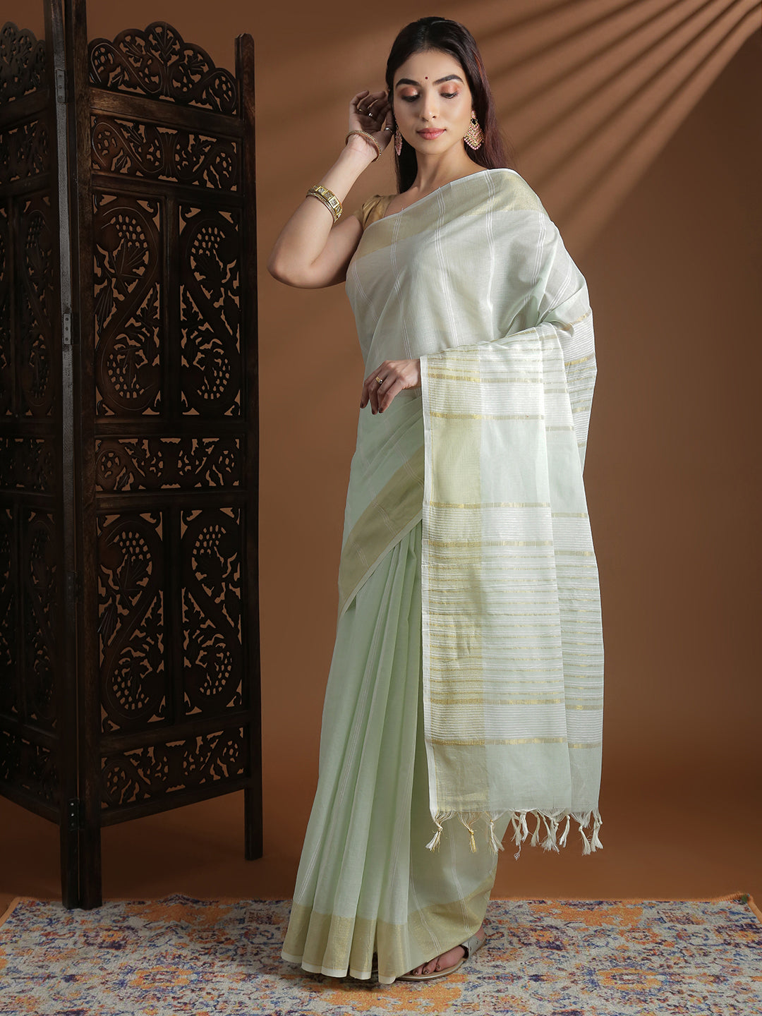 Women Pista Green Striped Cotton Jute Saree CJ13
