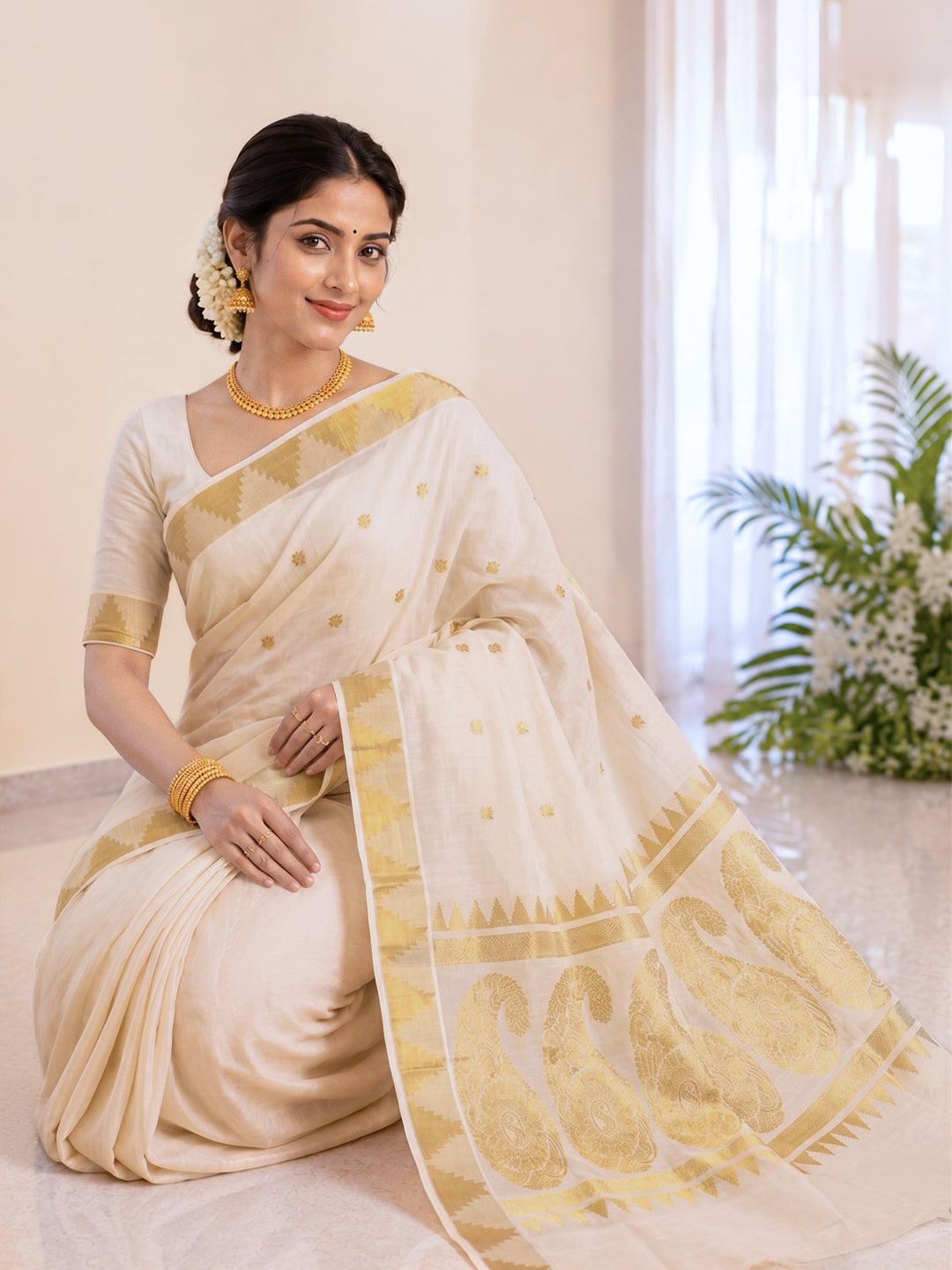 Women Kerala Cotton Gold Jari Saree KLS01