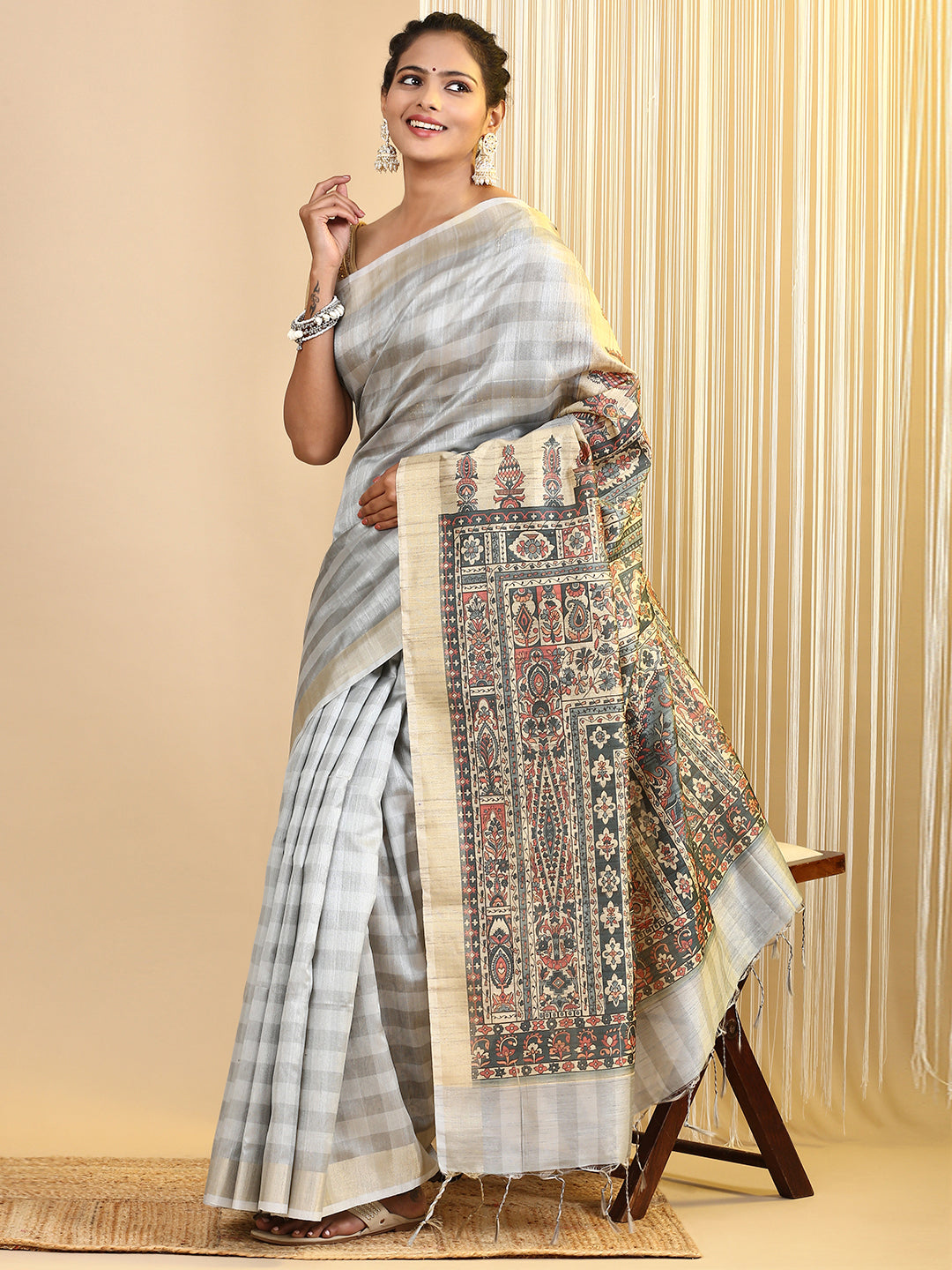 Womens Semi Tussar Printed Saree Grey ST186