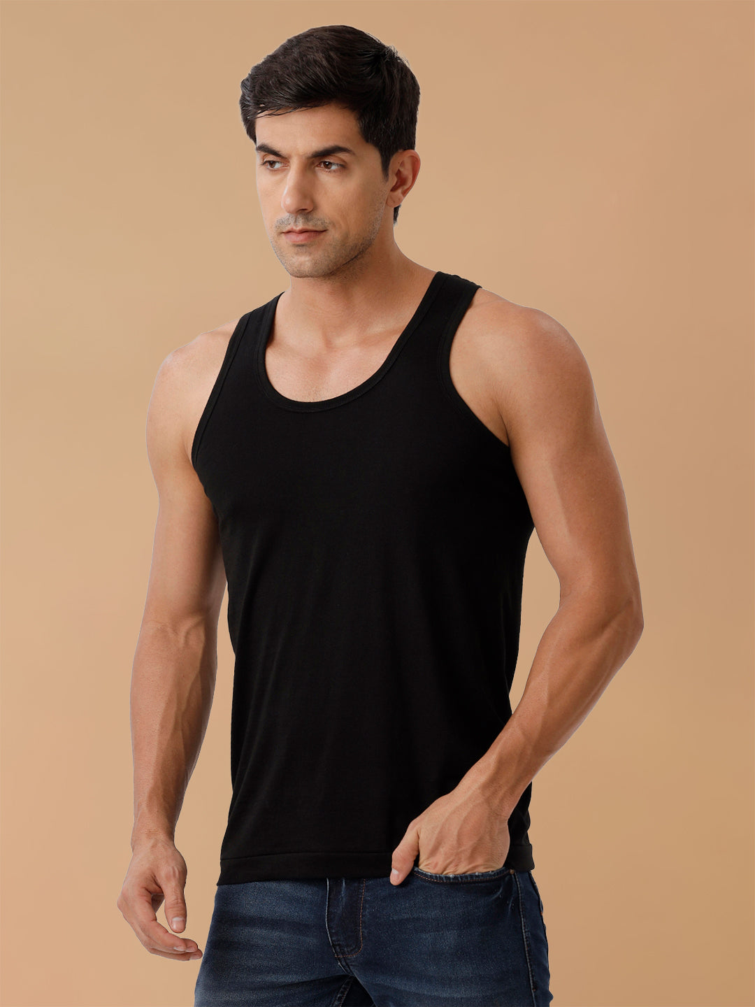 100% Combed Cotton Black Vest RN Sukra (Pack of 2)