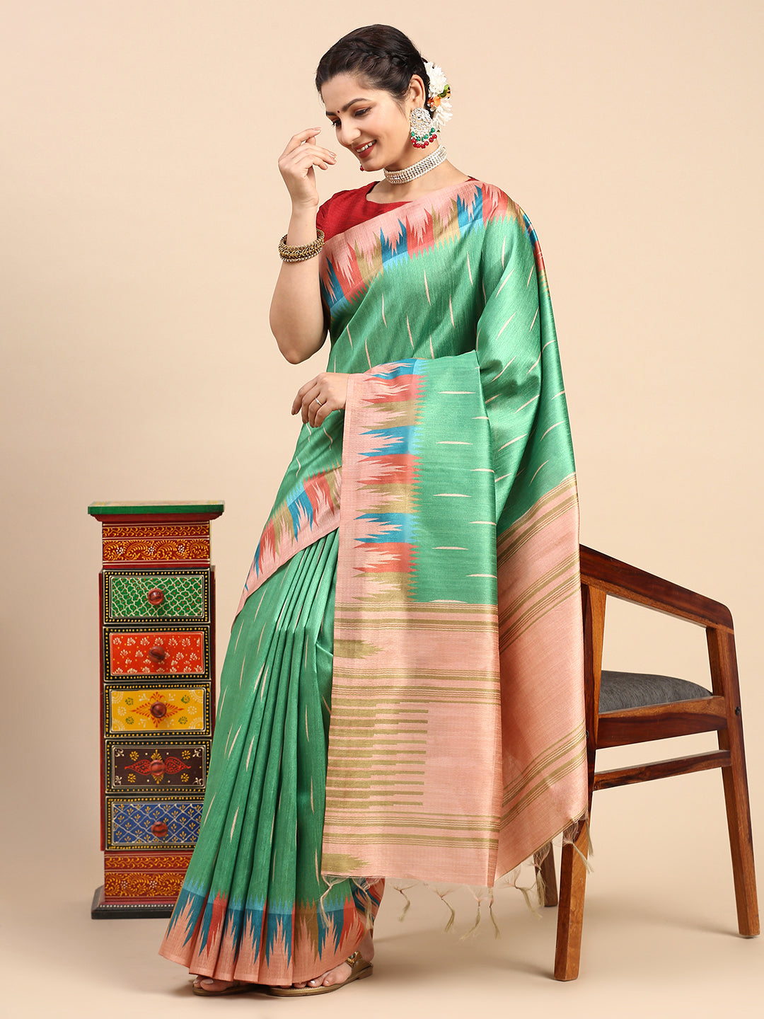 Womens Semi Tussar Weaving Saree Green ST170