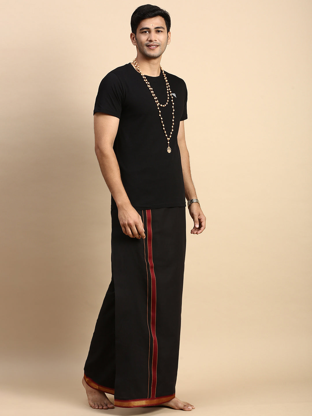 Men Devotional Mayilkhan Border Dhoti & TShirt Set Black ET14