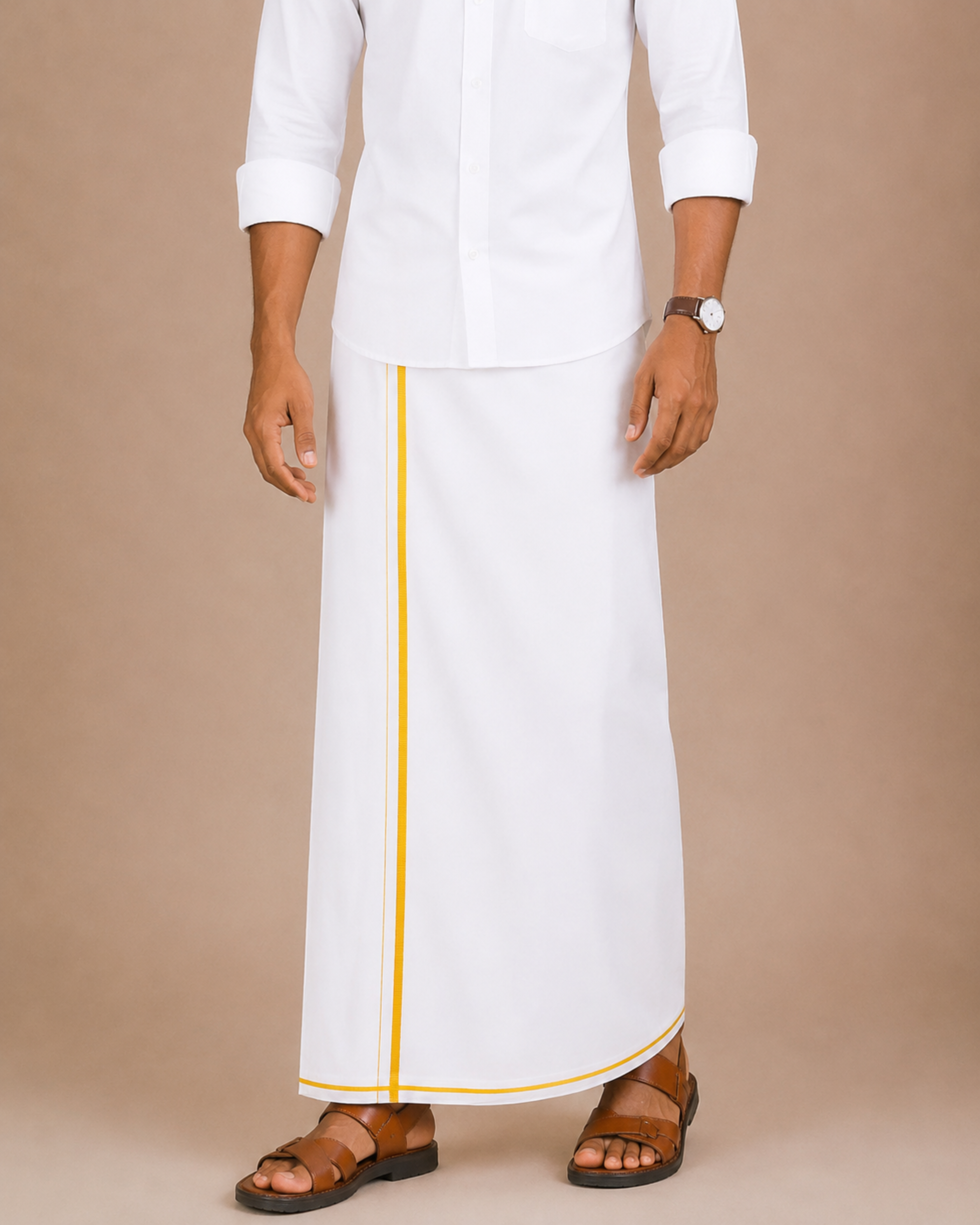 Men 100% Cotton Double Layer White Dhoti with Small Border Real Value RV02