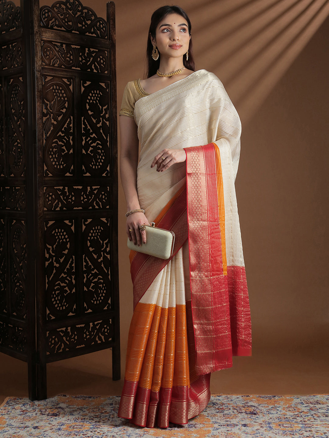 Women Semi Mysore Silk Saree Sandal with Orange SS398