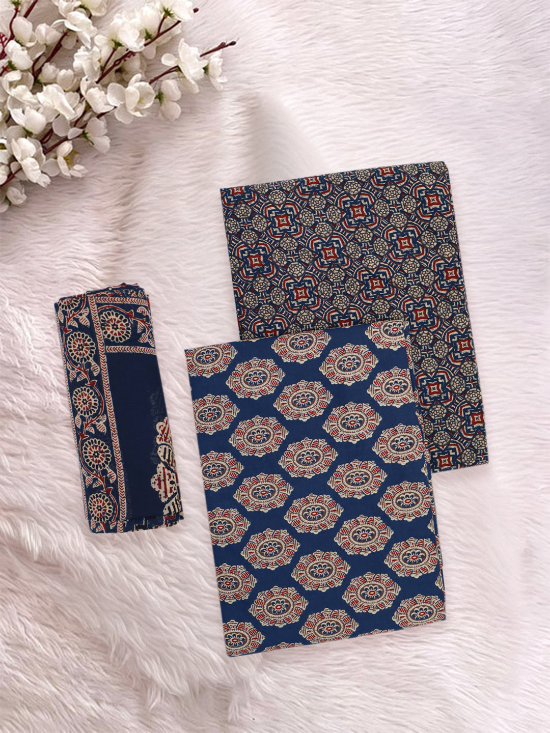 Women Pure Cotton Printed Dress Material Dark Blue DM348