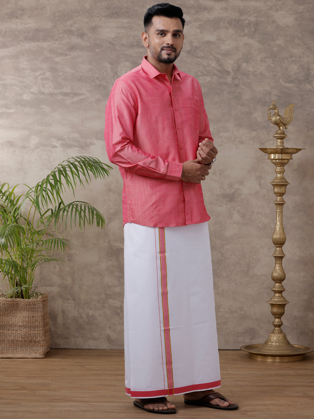 Men Matching Jari Border Dhoti & Full Sleeves Shirt Set Pink VB3