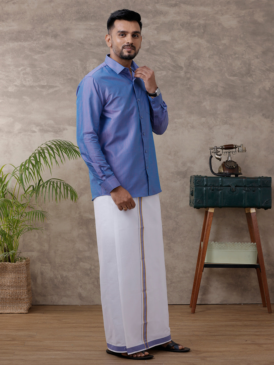 Men Matching Jari Border Dhoti & Full Sleeves Shirt Set Blue VB5