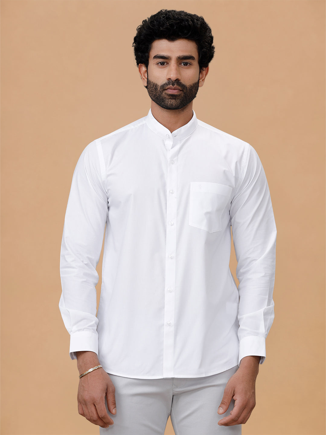 Chinese Collar Cotton White Shirt – Aura | Smart Fit