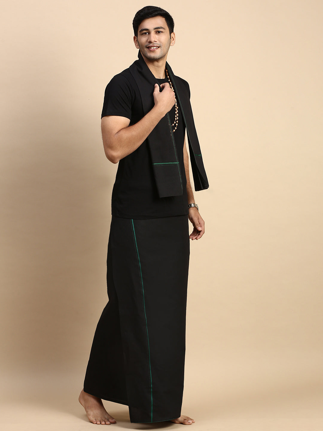 Men Devotional Small Border Dhoti with Towel & TShirt Set Black ET14