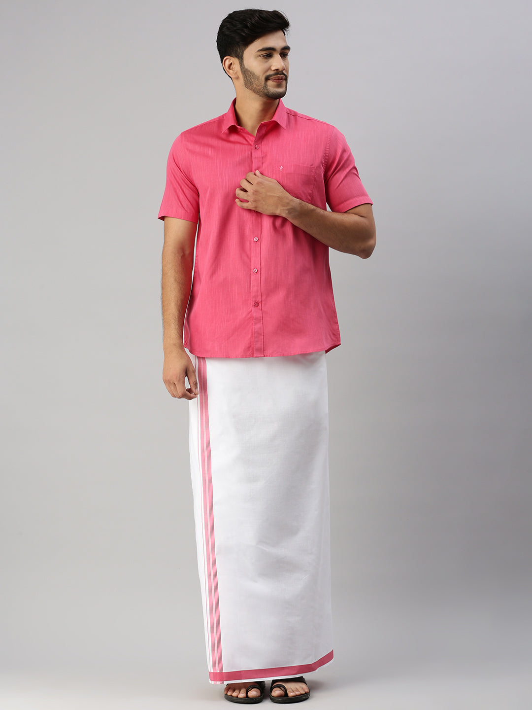 Mens Pink Matching Border Dhoti & Half Sleeves Shirt Set Evolution IC2-Full view