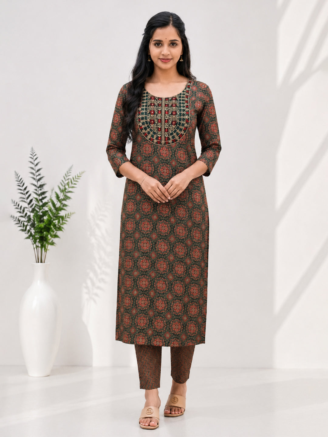 Women Embroidered Bottle Green Kurti Set EKS135