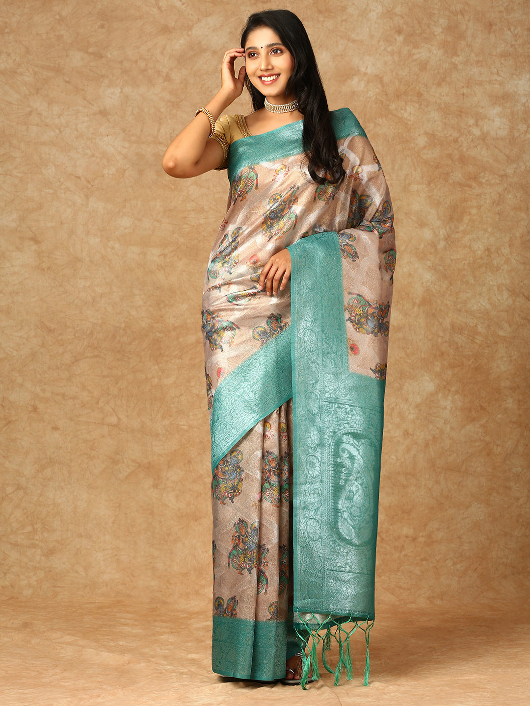 Women Tissue Printed Semi Silk Saree Light Brown SS316