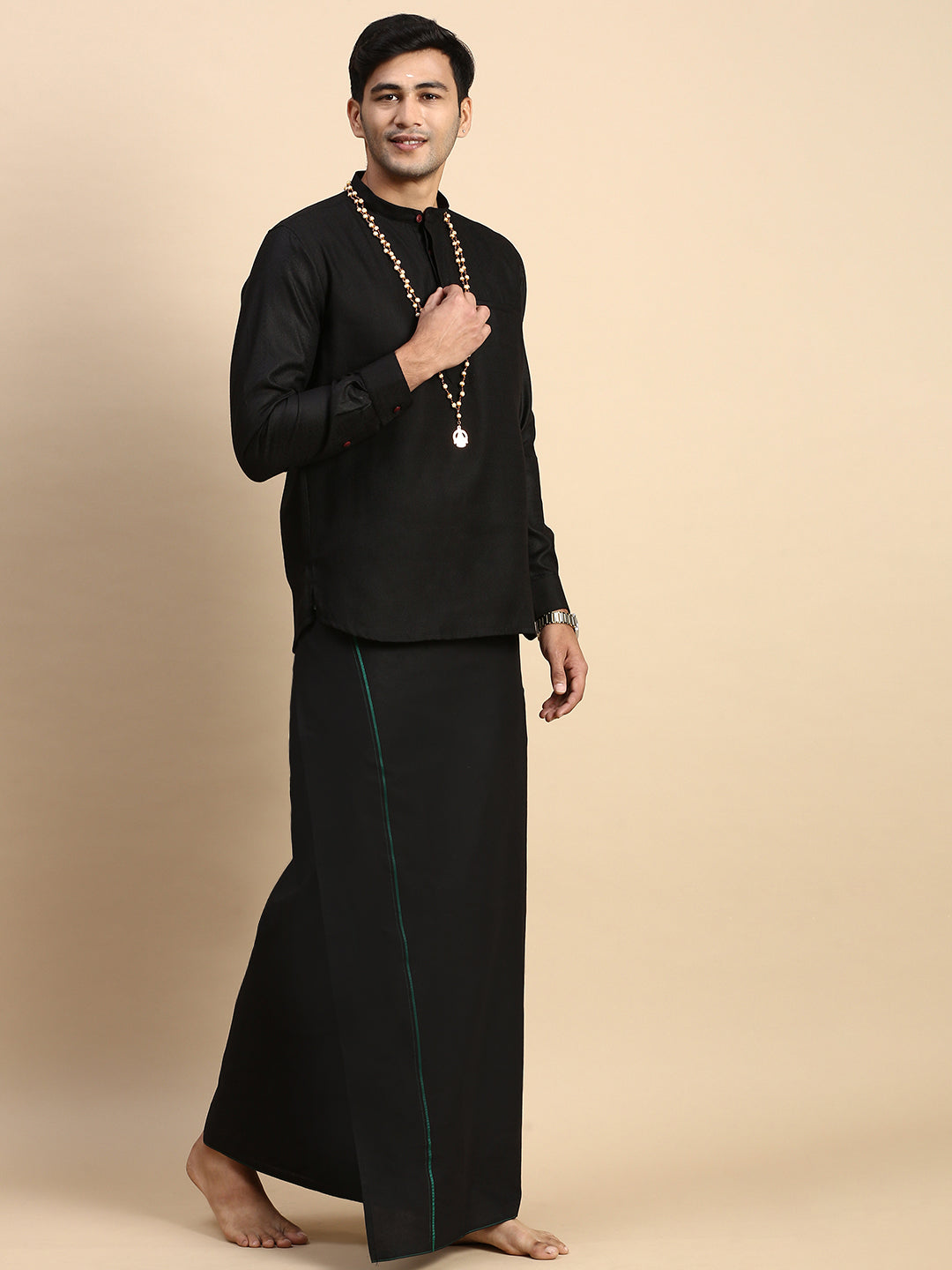 Men Devotional Small Border Dhoti & Kurta Set Black KP6