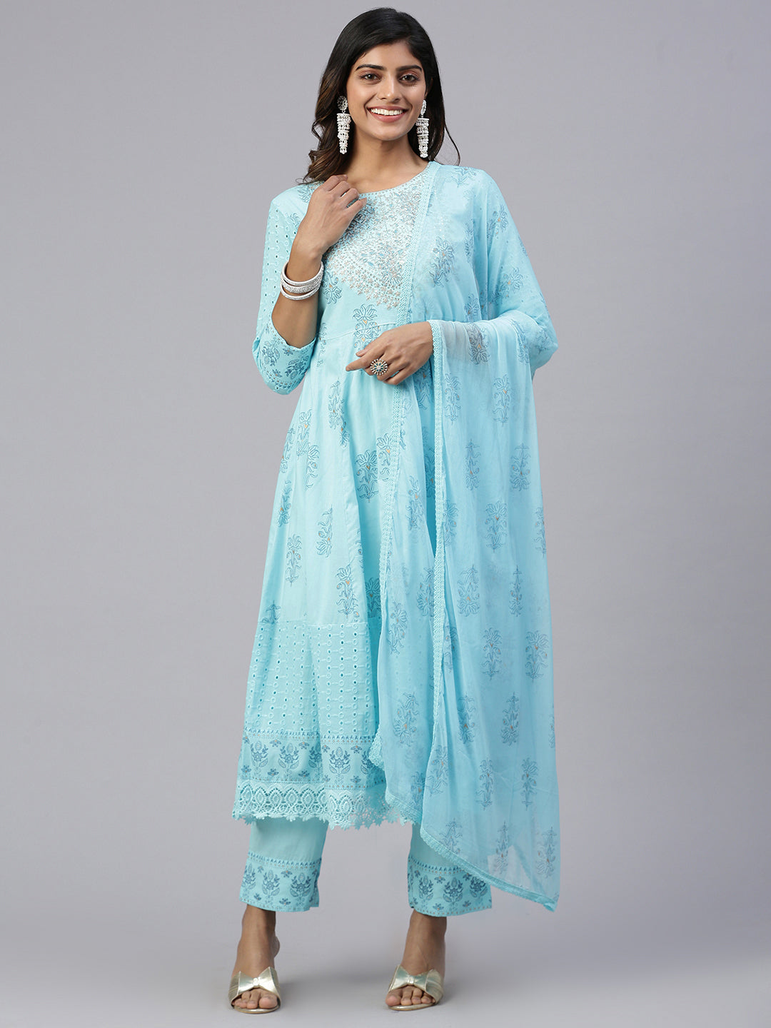 Women Cotton Embroidered Kurti Sets Blue EKS20