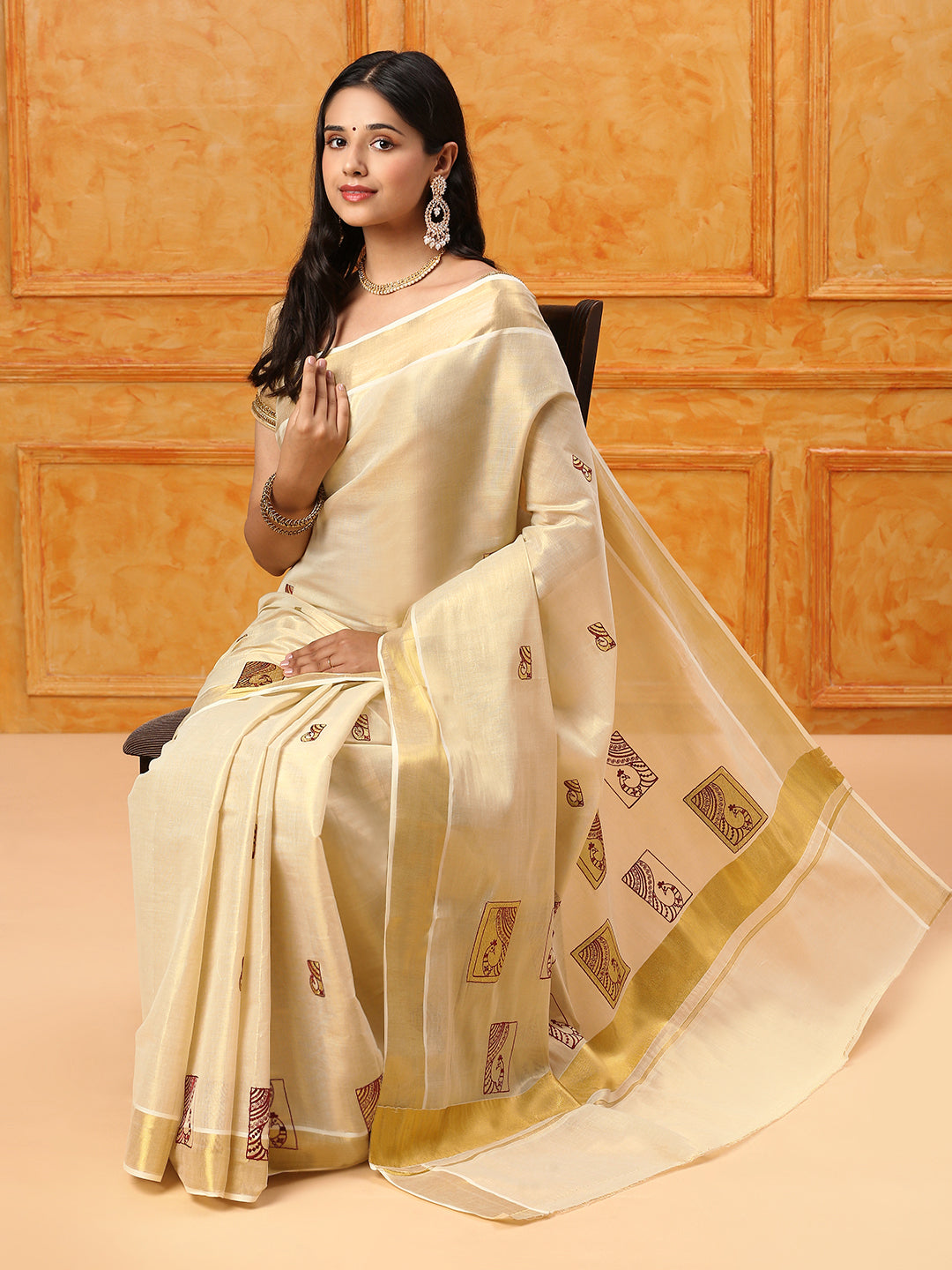 Kerala Cream Gold Jari Embroidery Saree KS111