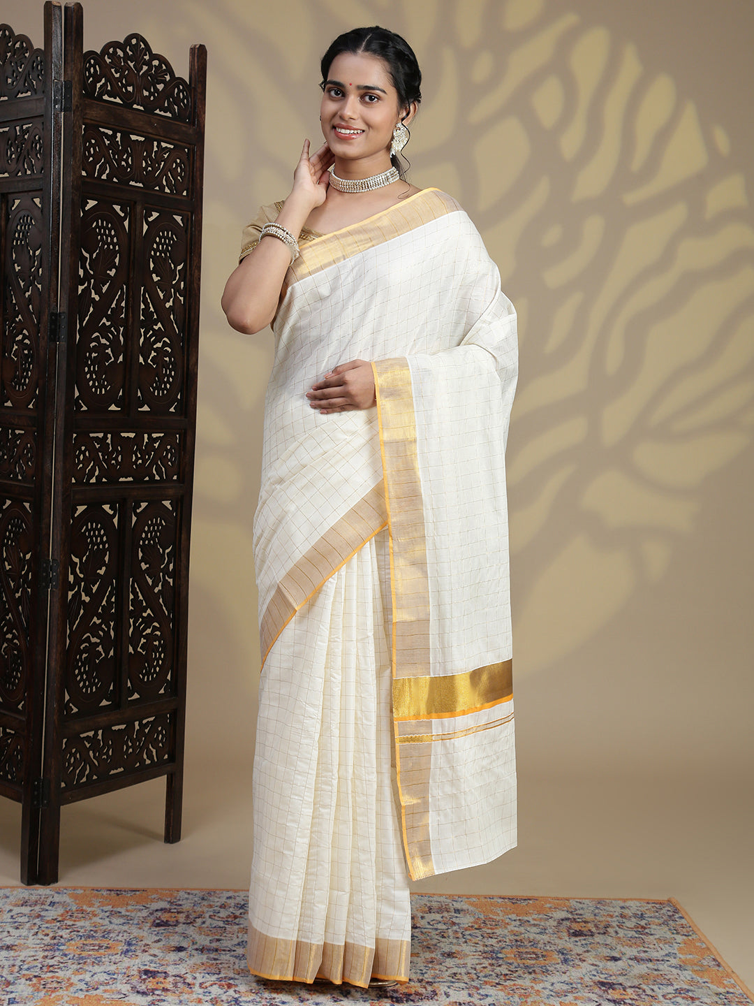 Women Traditional Kerala Cream Checks Saree with Orange Border KS224