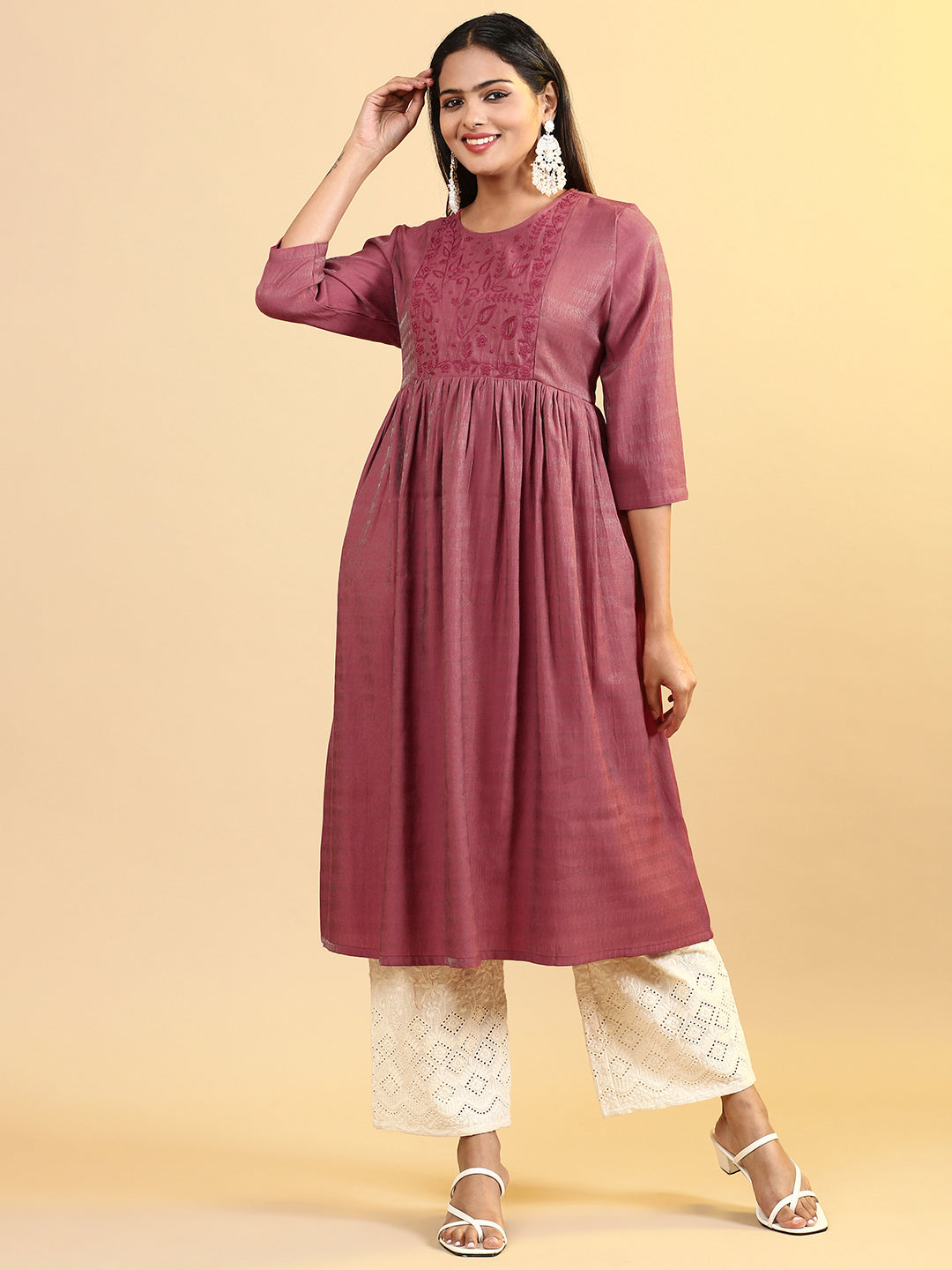 Women Cotton Embroidered Round Neck Kurti Maroon EKS14