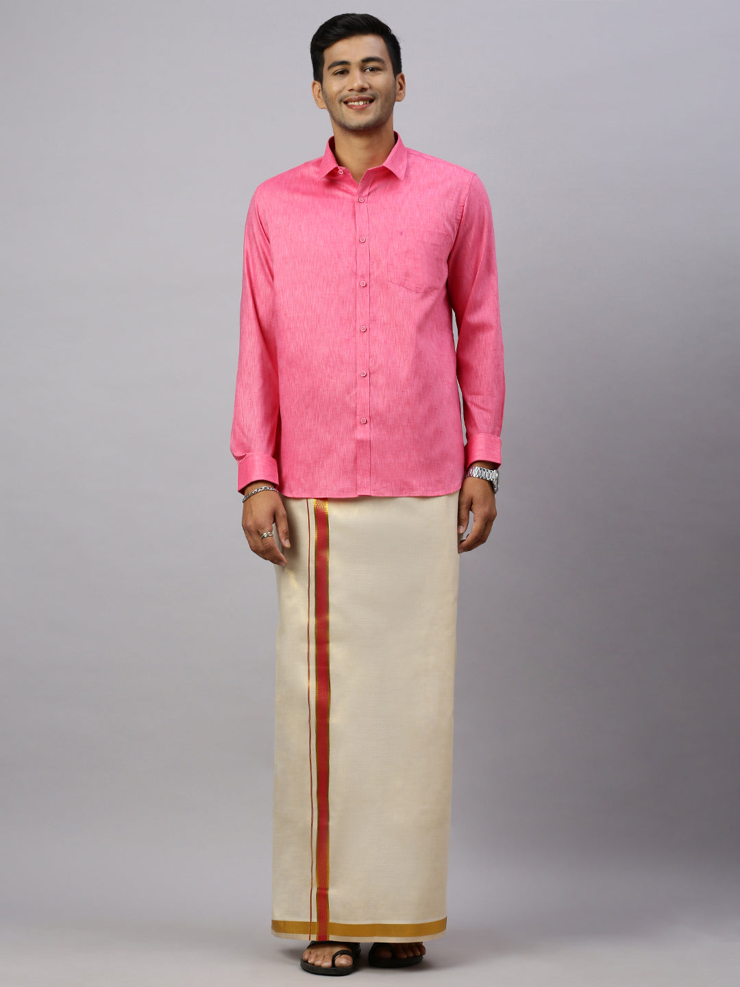 Men Cotton Rich Pink Shirt and Tissue Dhoti Set C34