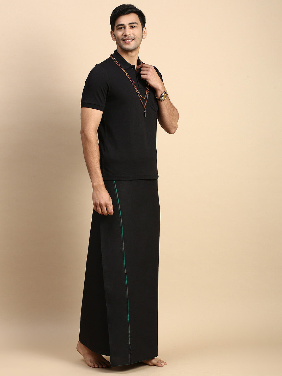 Men Devotional Small Border Dhoti & TShirt Set Black EPD14