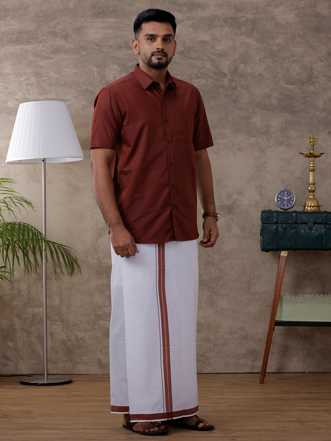 Men Brown Matching Border Dhoti & Half Sleeves Shirt Set Evolution IC7