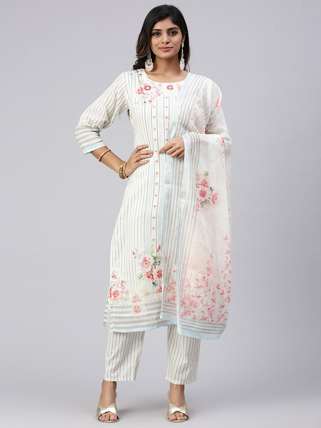 Women Cotton Embroidered Kurti Sets White EKS32