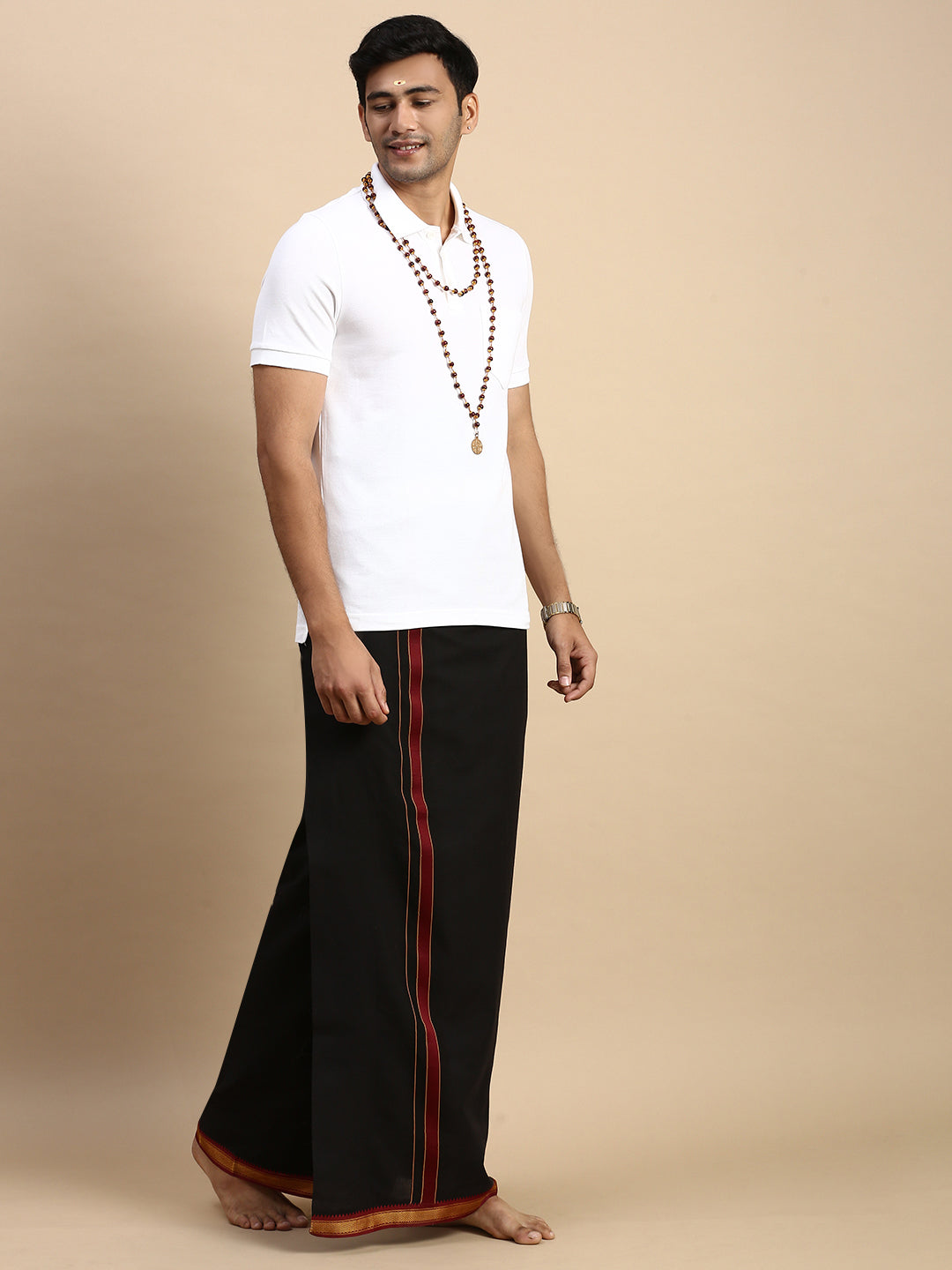 Men Devotional Mayilkhan Border Dhoti & TShirt Set Black EP1