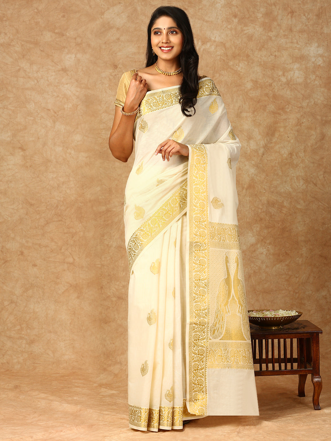 Women Kerala Cream Tissue Saree KS155