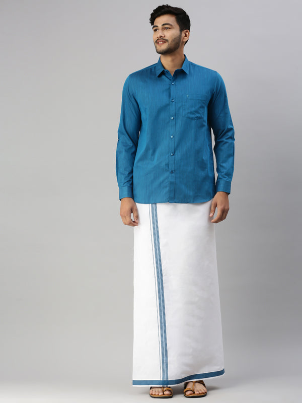 Mens Blue Matching Border Dhoti & Full Sleeves Shirt Set Evolution IC4