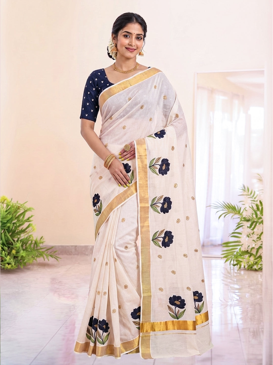 Women Kerala Embroidered Cream Saree KLS04