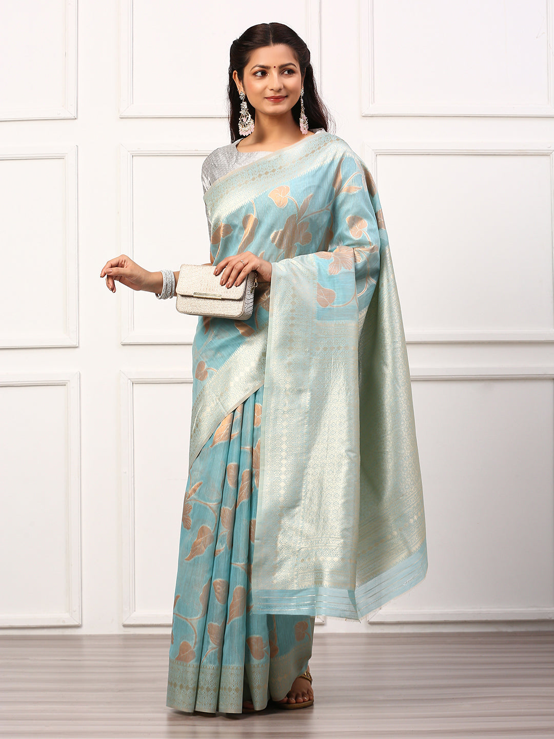 Women Semi Linen Weaving Saree Blue SL147