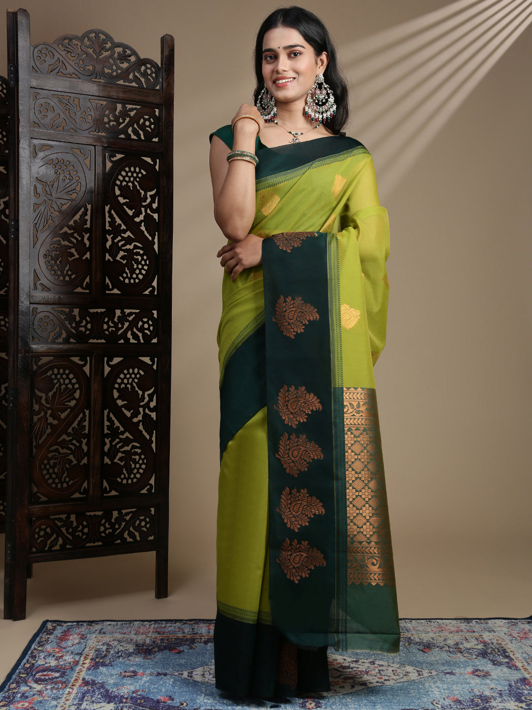 Women Kora Cotton Fancy Light Green Saree SK113