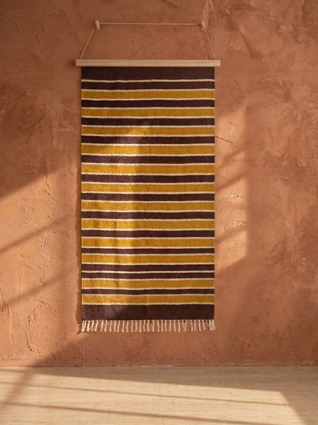 Bhavani Jamakkalam / Handwoven Cotton Carpet Maroon Base with White & Yellow Stripes (3.25 ft × 6.5 ft)