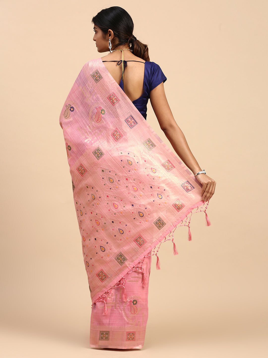 Women Semi Linen Printed Saree Pink SL168